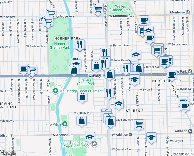 map of restaurants, bars, coffee shops, grocery stores, and more near 2440 West Dakin Street in Chicago