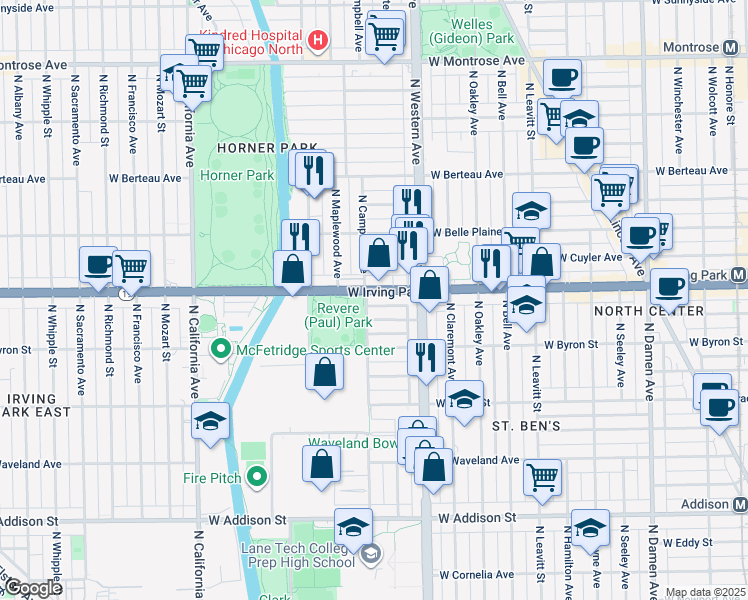 map of restaurants, bars, coffee shops, grocery stores, and more near 2440 West Dakin Street in Chicago