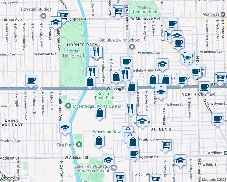 map of restaurants, bars, coffee shops, grocery stores, and more near 2440 West Dakin Street in Chicago