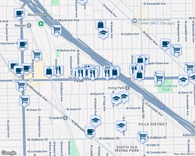 map of restaurants, bars, coffee shops, grocery stores, and more near 4179 Irving Park Road in Chicago
