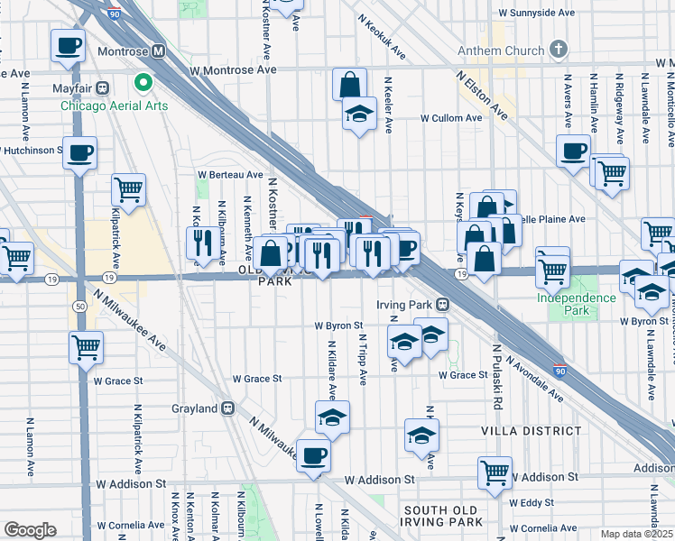 map of restaurants, bars, coffee shops, grocery stores, and more near 4179 Irving Park Road in Chicago