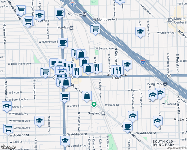 map of restaurants, bars, coffee shops, grocery stores, and more near 4543 Illinois 19 in Chicago