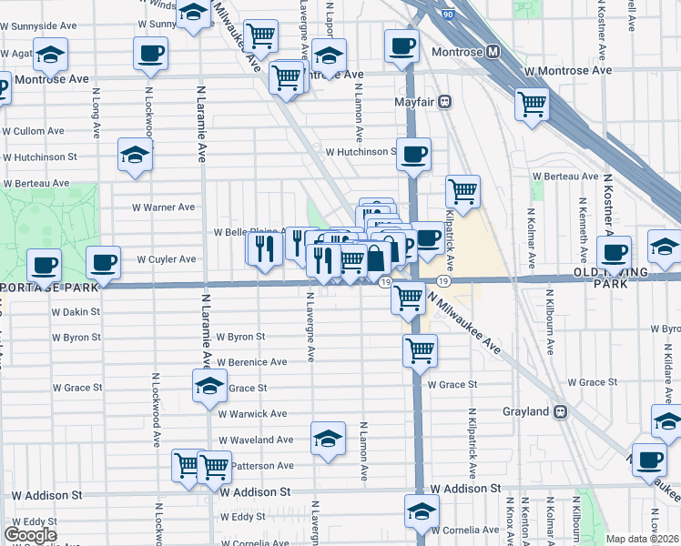 map of restaurants, bars, coffee shops, grocery stores, and more near 4949 West Irving Park Road in Chicago