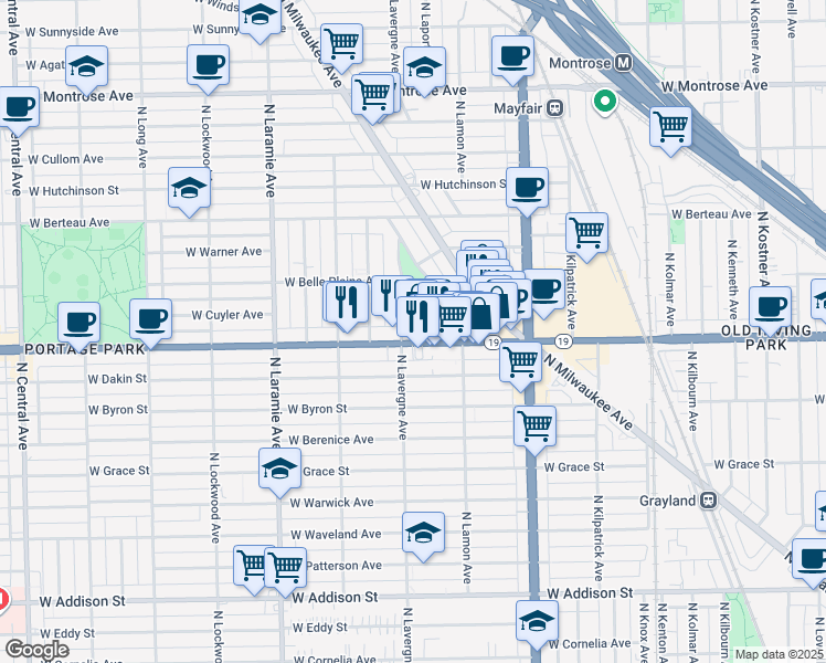 map of restaurants, bars, coffee shops, grocery stores, and more near 4949 West Irving Park Road in Chicago