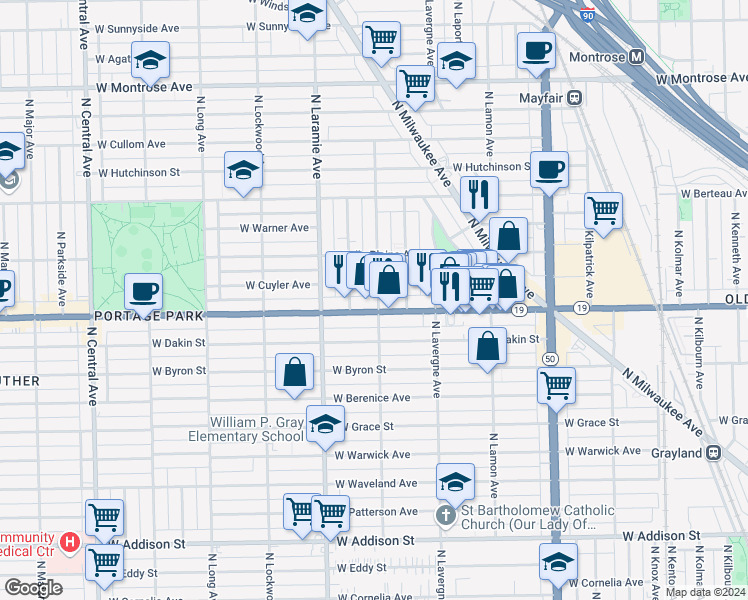 map of restaurants, bars, coffee shops, grocery stores, and more near 5058 Irving Park Road in Chicago