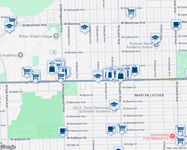 map of restaurants, bars, coffee shops, grocery stores, and more near 4017 North Melvina Avenue in Chicago
