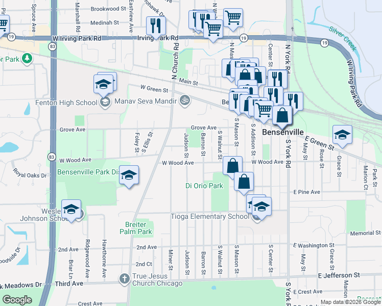map of restaurants, bars, coffee shops, grocery stores, and more near 193 Judson Street in Bensenville