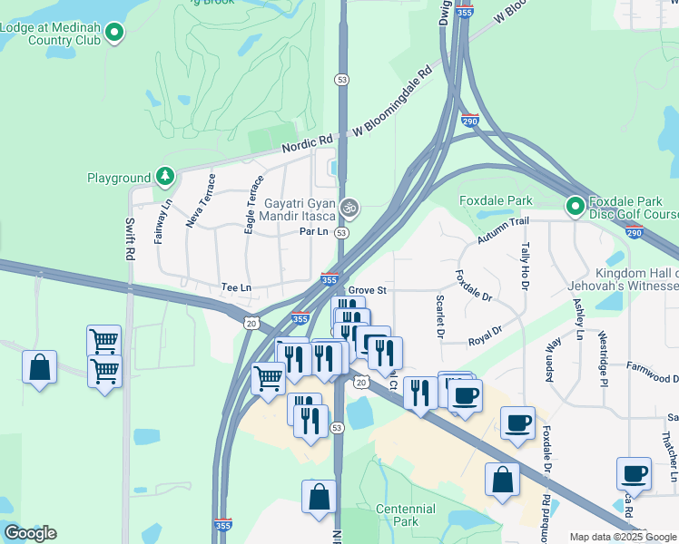 map of restaurants, bars, coffee shops, grocery stores, and more near 5N265 Lloyd Avenue in Itasca