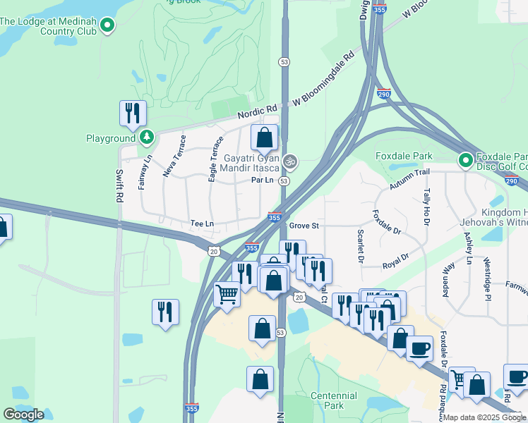 map of restaurants, bars, coffee shops, grocery stores, and more near 5N265 Lloyd Avenue in Itasca