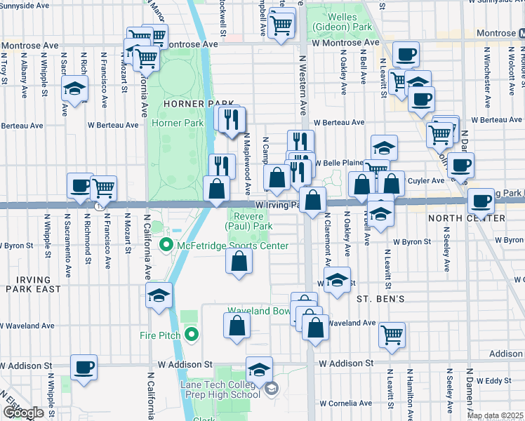 map of restaurants, bars, coffee shops, grocery stores, and more near 2501 West Irving Park Road in Chicago