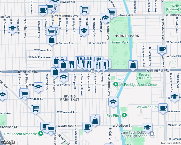 map of restaurants, bars, coffee shops, grocery stores, and more near 3944 North Richmond Street in Chicago