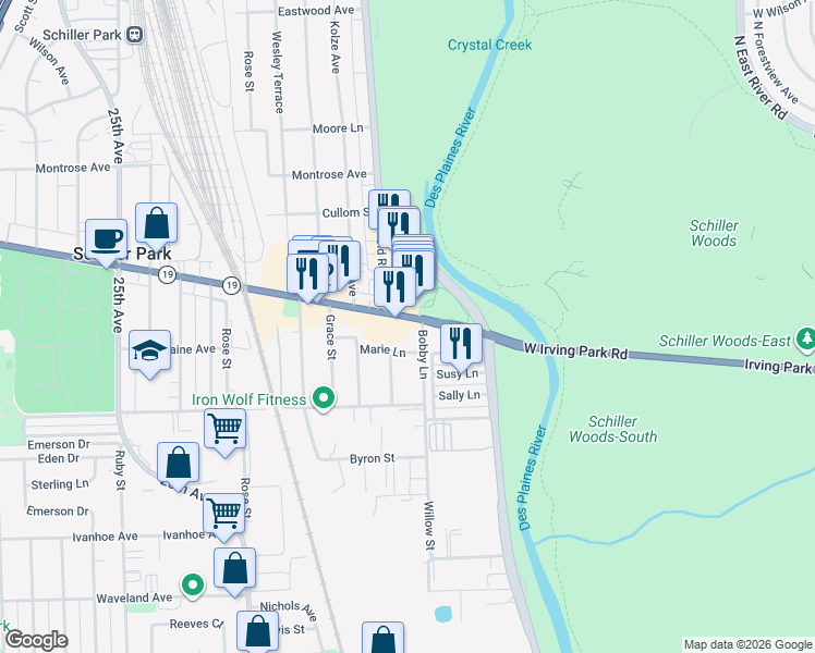 map of restaurants, bars, coffee shops, grocery stores, and more near 9307 West Irving Park Road in Schiller Park