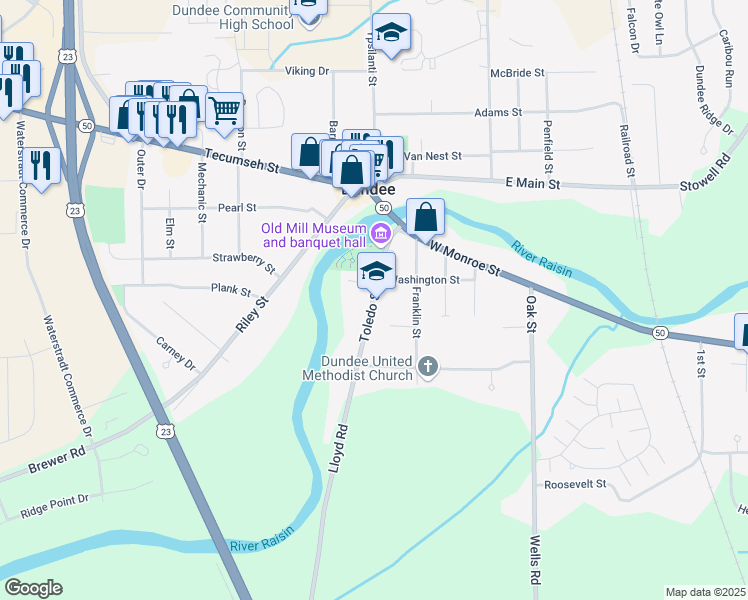 map of restaurants, bars, coffee shops, grocery stores, and more near 445 Toledo Street in Dundee