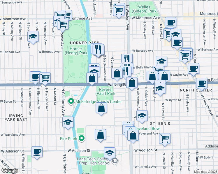 map of restaurants, bars, coffee shops, grocery stores, and more near 2501 Illinois 19 in Chicago