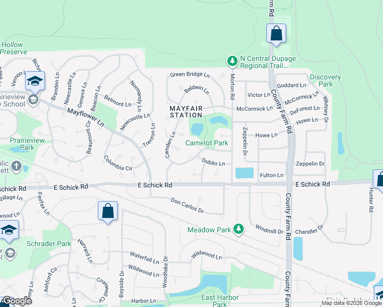 map of restaurants, bars, coffee shops, grocery stores, and more near 2105 Camden Lane in Hanover Park