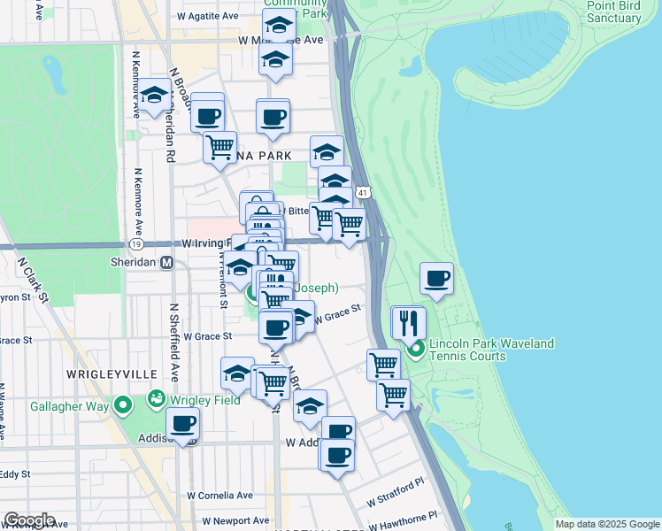 map of restaurants, bars, coffee shops, grocery stores, and more near 655 West Irving Park Road in Chicago