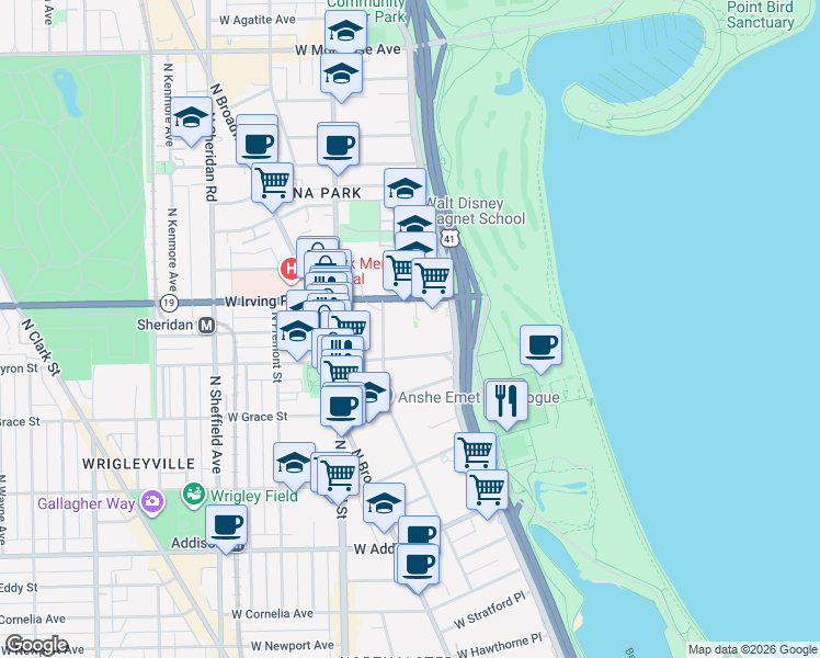 map of restaurants, bars, coffee shops, grocery stores, and more near 638 West Sheridan Road in Chicago