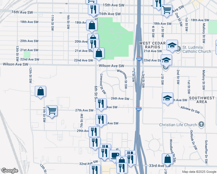 map of restaurants, bars, coffee shops, grocery stores, and more near 2524 Indiana Street Southwest in Cedar Rapids