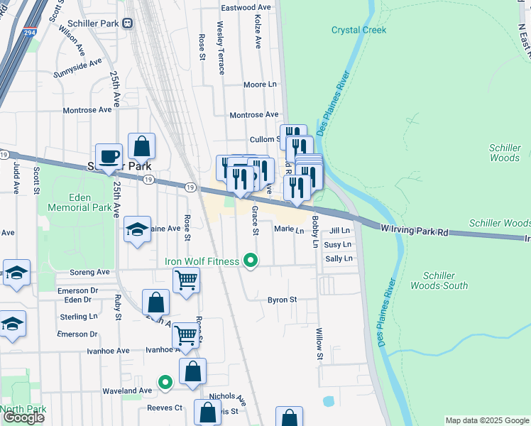 map of restaurants, bars, coffee shops, grocery stores, and more near 4111 Grace Street in Schiller Park