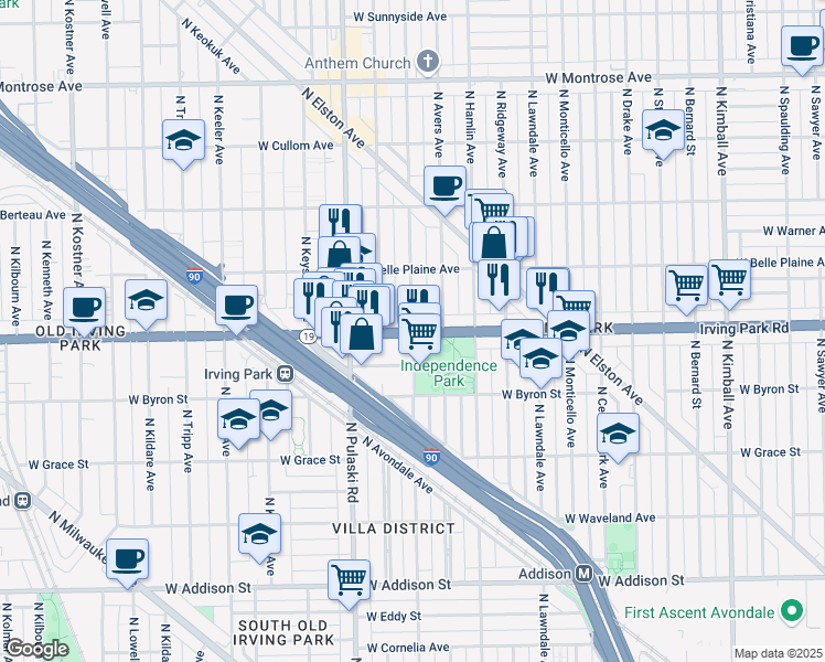 map of restaurants, bars, coffee shops, grocery stores, and more near 3900 West Irving Park Road in Chicago