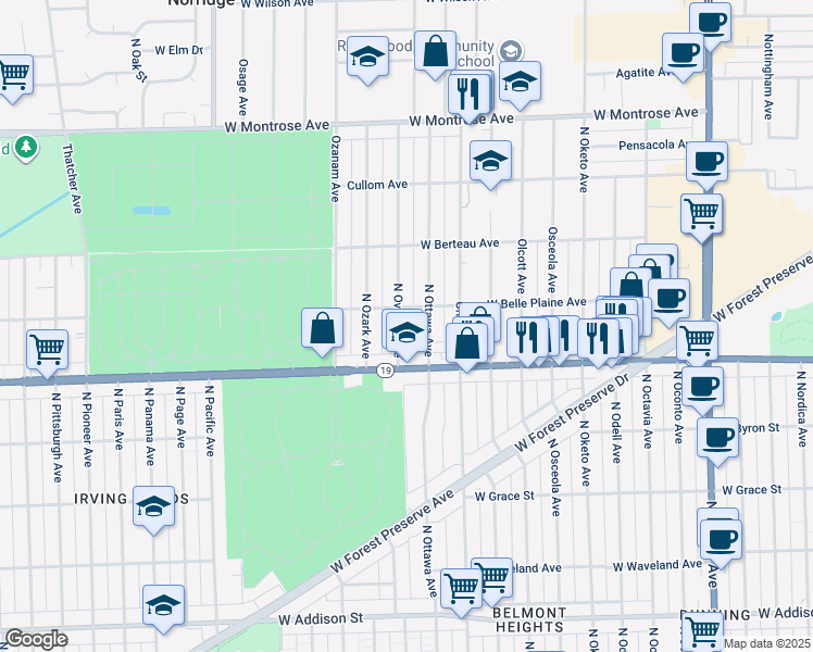 map of restaurants, bars, coffee shops, grocery stores, and more near 4035 North Overhill Avenue in Norridge