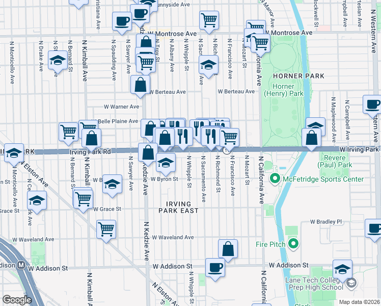 map of restaurants, bars, coffee shops, grocery stores, and more near 3025 West Irving Park Road in Chicago