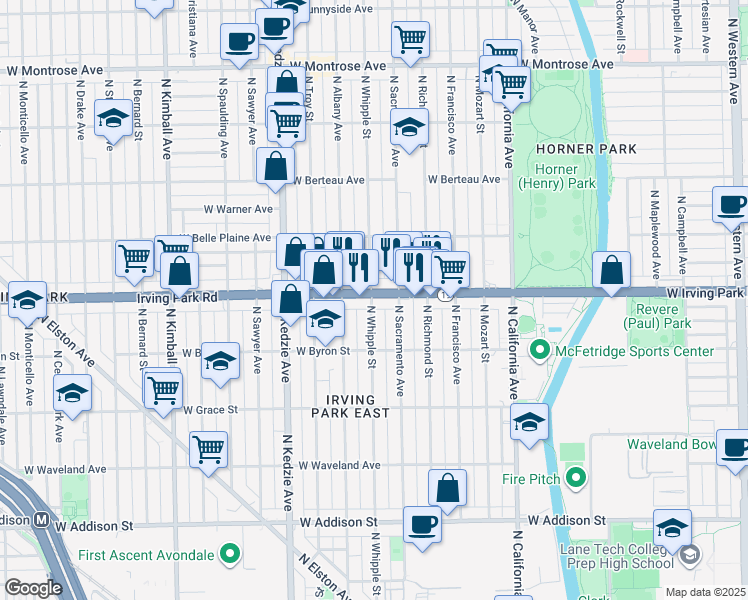map of restaurants, bars, coffee shops, grocery stores, and more near 3025 West Irving Park Road in Chicago