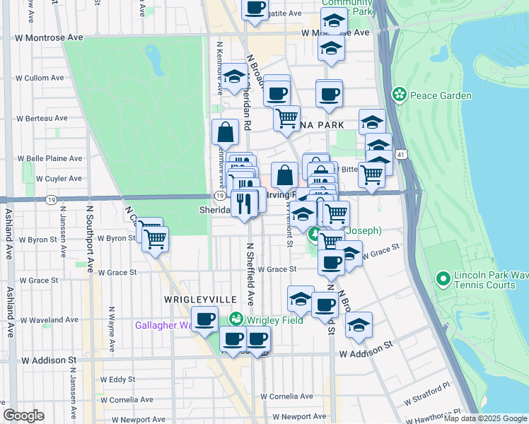 map of restaurants, bars, coffee shops, grocery stores, and more near 932 West Dakin Street in Chicago