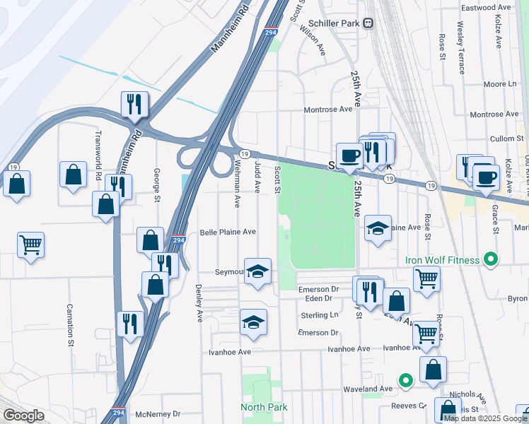 map of restaurants, bars, coffee shops, grocery stores, and more near 4116 Scott Street in Schiller Park