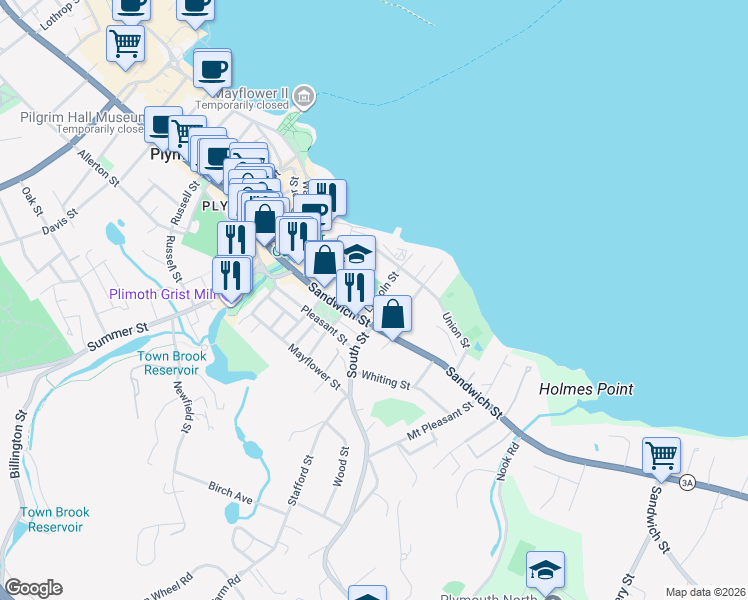 map of restaurants, bars, coffee shops, grocery stores, and more near 6 Lincoln Street in Plymouth