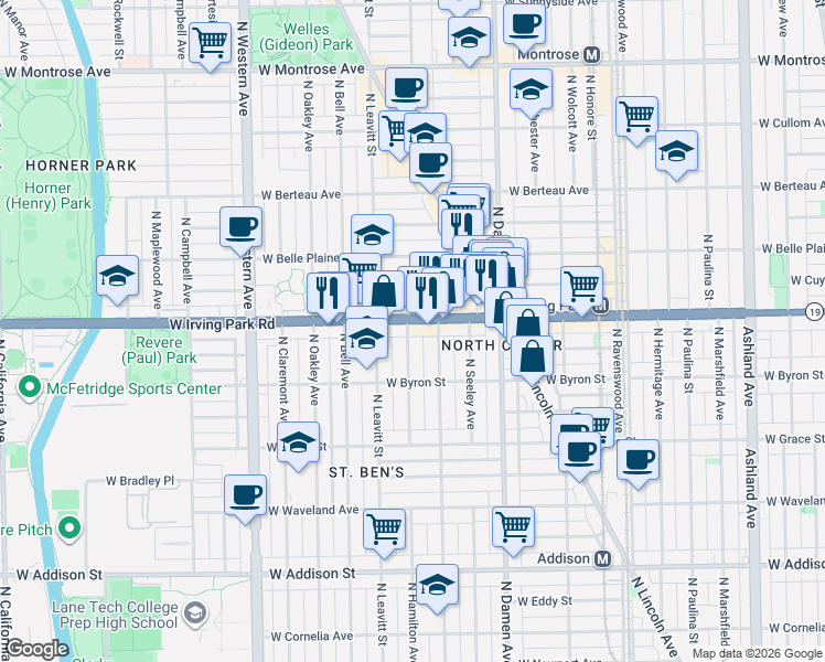map of restaurants, bars, coffee shops, grocery stores, and more near 3938 North Hamilton Avenue in Chicago