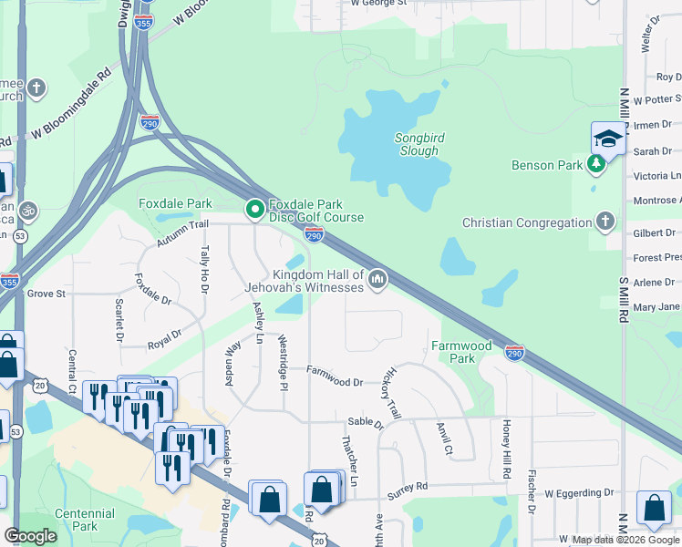 map of restaurants, bars, coffee shops, grocery stores, and more near 1224 Grove Street in Addison