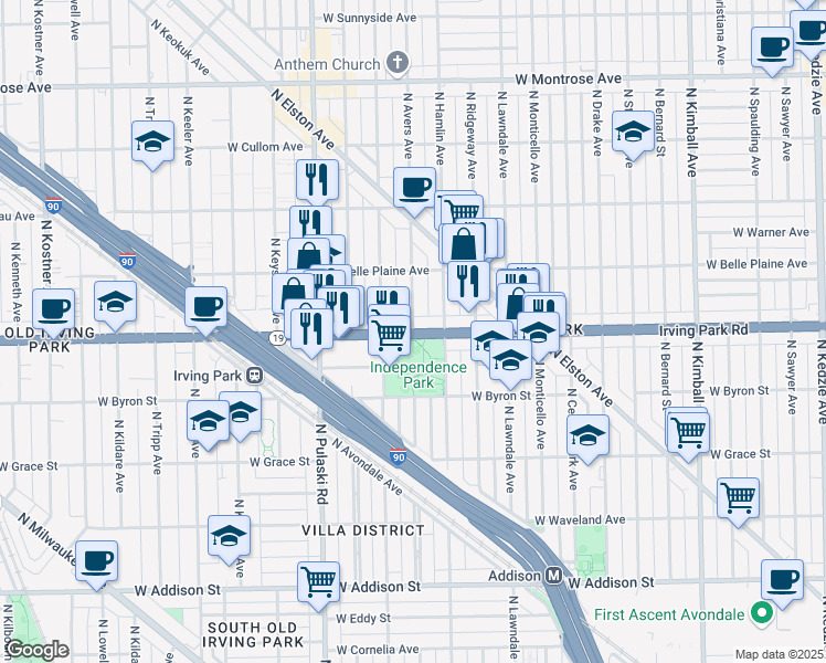 map of restaurants, bars, coffee shops, grocery stores, and more near W Irving Park Rd & N Avers Ave in Chicago