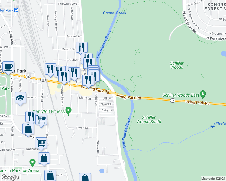 map of restaurants, bars, coffee shops, grocery stores, and more near North River Road in Cook County