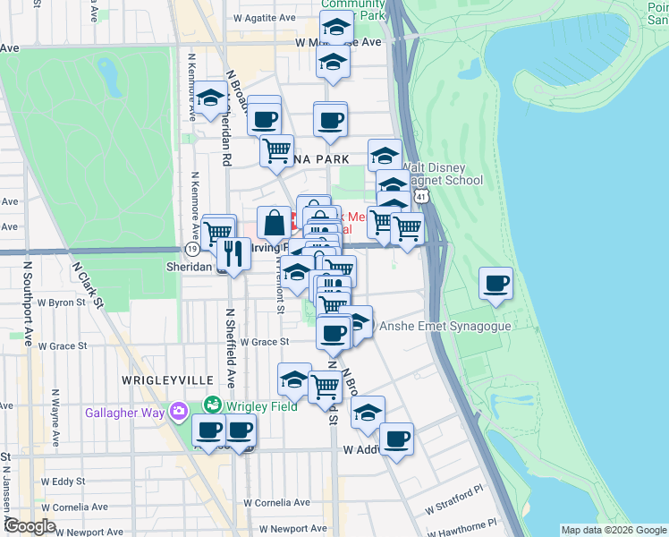 map of restaurants, bars, coffee shops, grocery stores, and more near 3933 North Clarendon Avenue in Chicago