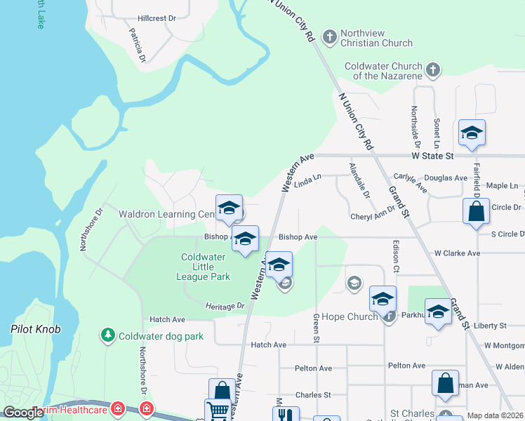 map of restaurants, bars, coffee shops, grocery stores, and more near 76 Wood Drive in Coldwater