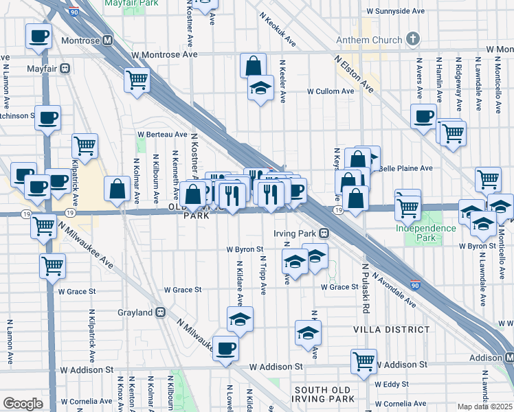 map of restaurants, bars, coffee shops, grocery stores, and more near 4179 West Irving Park Road in Chicago