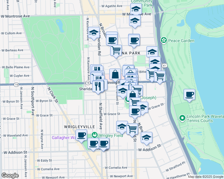 map of restaurants, bars, coffee shops, grocery stores, and more near 914 West Dakin Street in Chicago