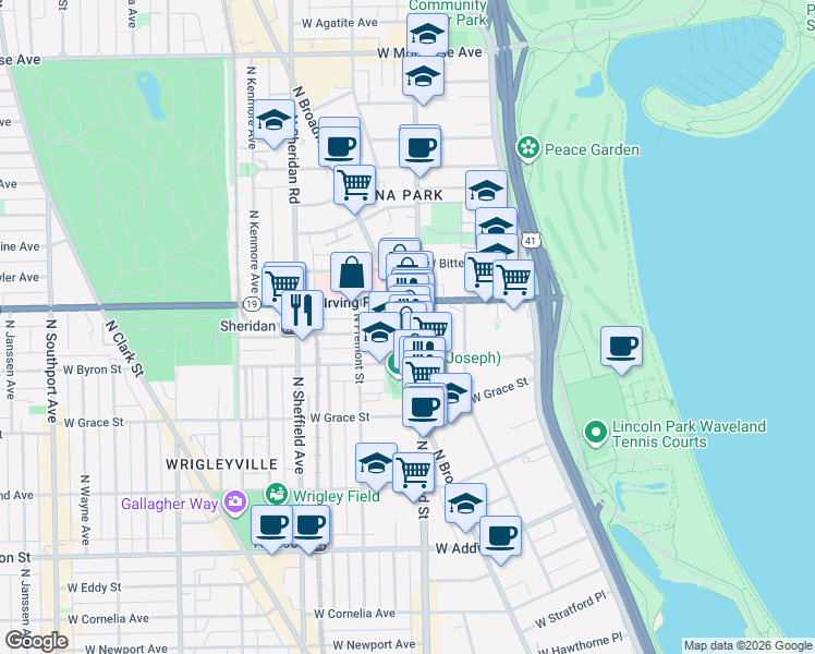 map of restaurants, bars, coffee shops, grocery stores, and more near 802 West Dakin Street in Chicago