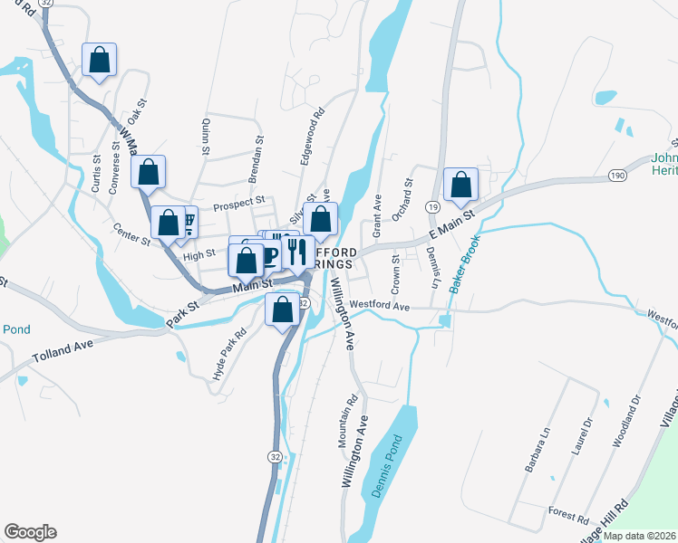 map of restaurants, bars, coffee shops, grocery stores, and more near 9 Maple Street in Stafford