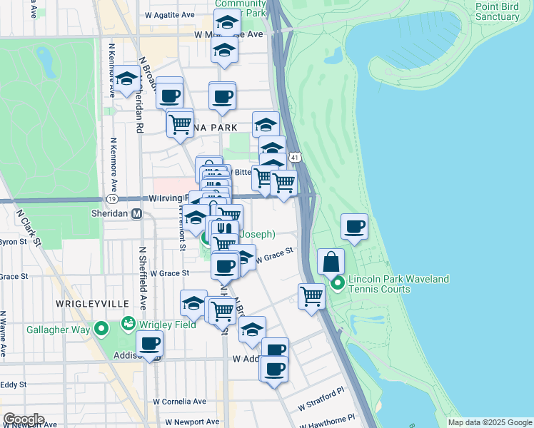 map of restaurants, bars, coffee shops, grocery stores, and more near 638 West Sheridan Road in Chicago
