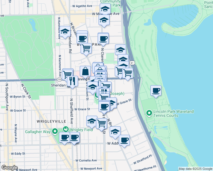 map of restaurants, bars, coffee shops, grocery stores, and more near 3923 North Clarendon Avenue in Chicago