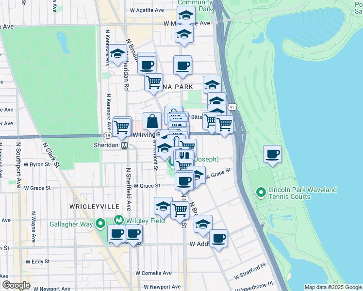 map of restaurants, bars, coffee shops, grocery stores, and more near 3923 North Clarendon Avenue in Chicago