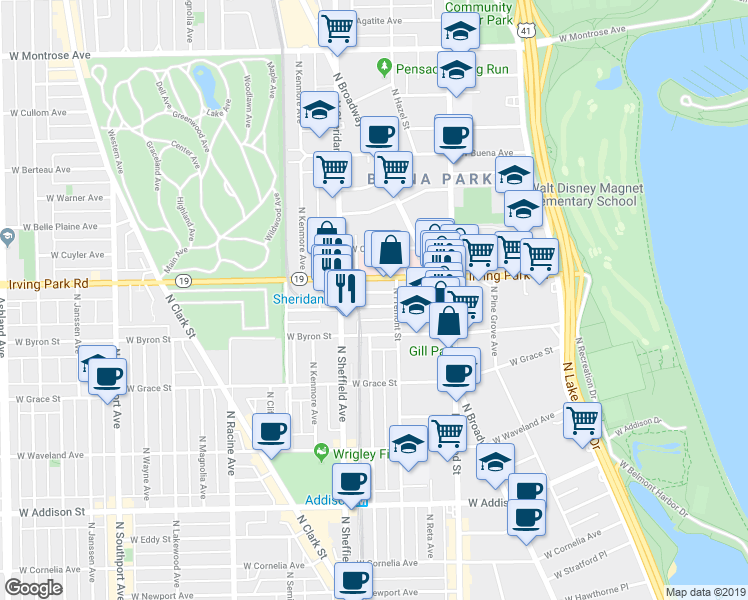 map of restaurants, bars, coffee shops, grocery stores, and more near 903 West Dakin Street in Chicago