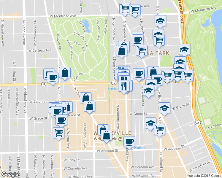 map of restaurants, bars, coffee shops, grocery stores, and more near 1059 West Dakin Street in Chicago