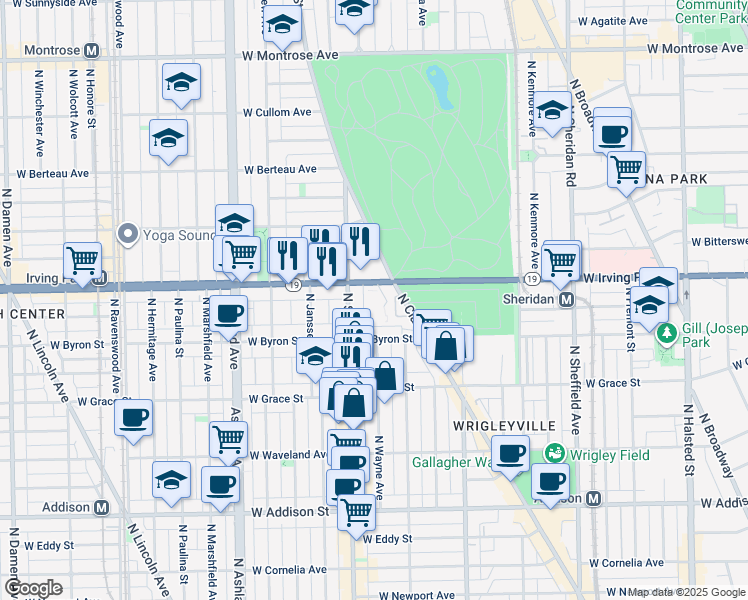 map of restaurants, bars, coffee shops, grocery stores, and more near 3933E North Wayne Avenue in Chicago