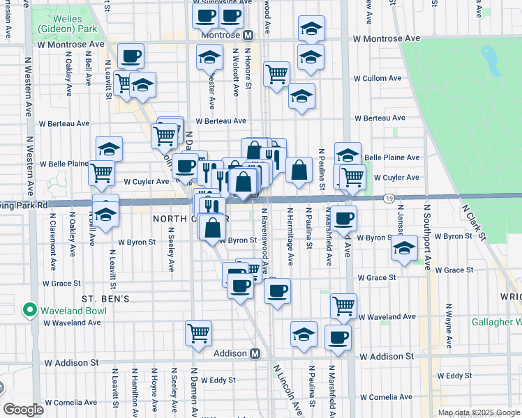 map of restaurants, bars, coffee shops, grocery stores, and more near 1822 West Larchmont Avenue in Chicago