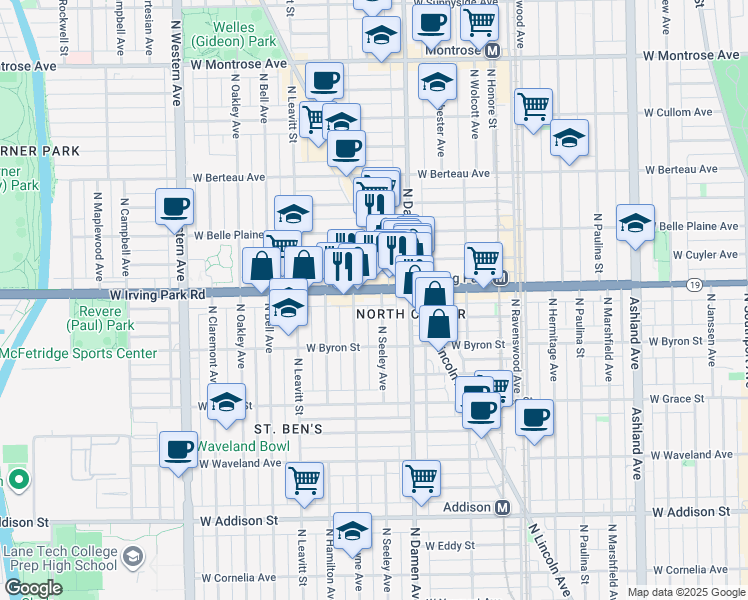 map of restaurants, bars, coffee shops, grocery stores, and more near 3943 North Hoyne Avenue in Chicago