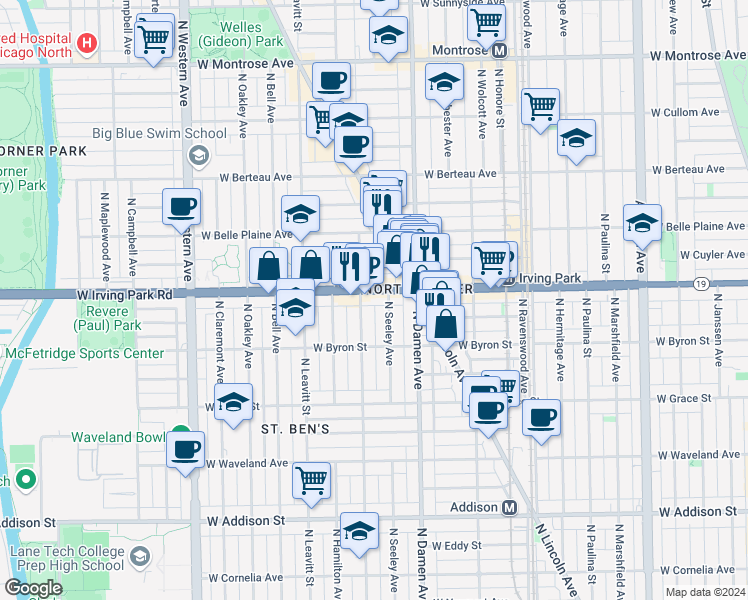 map of restaurants, bars, coffee shops, grocery stores, and more near 3943 North Hoyne Avenue in Chicago