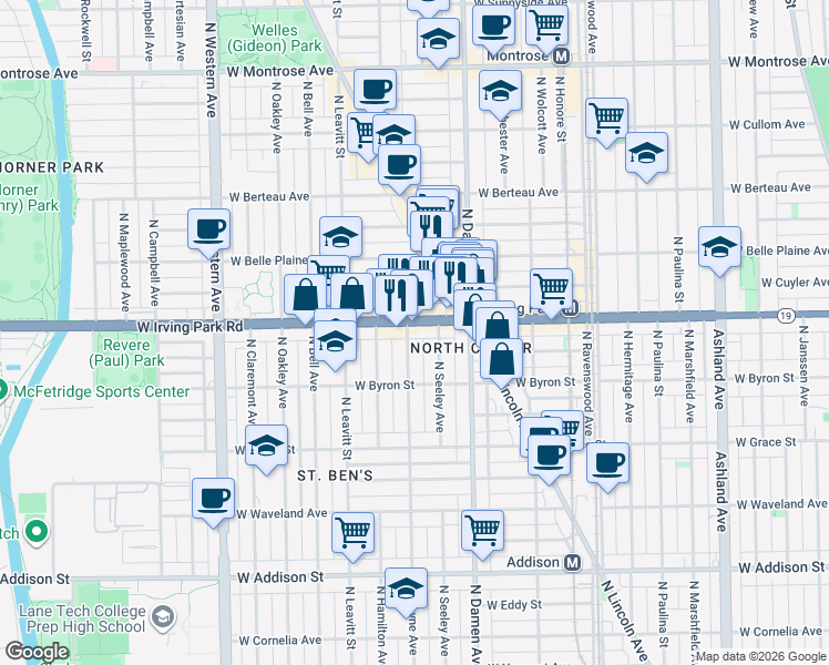 map of restaurants, bars, coffee shops, grocery stores, and more near 3943 North Hoyne Avenue in Chicago